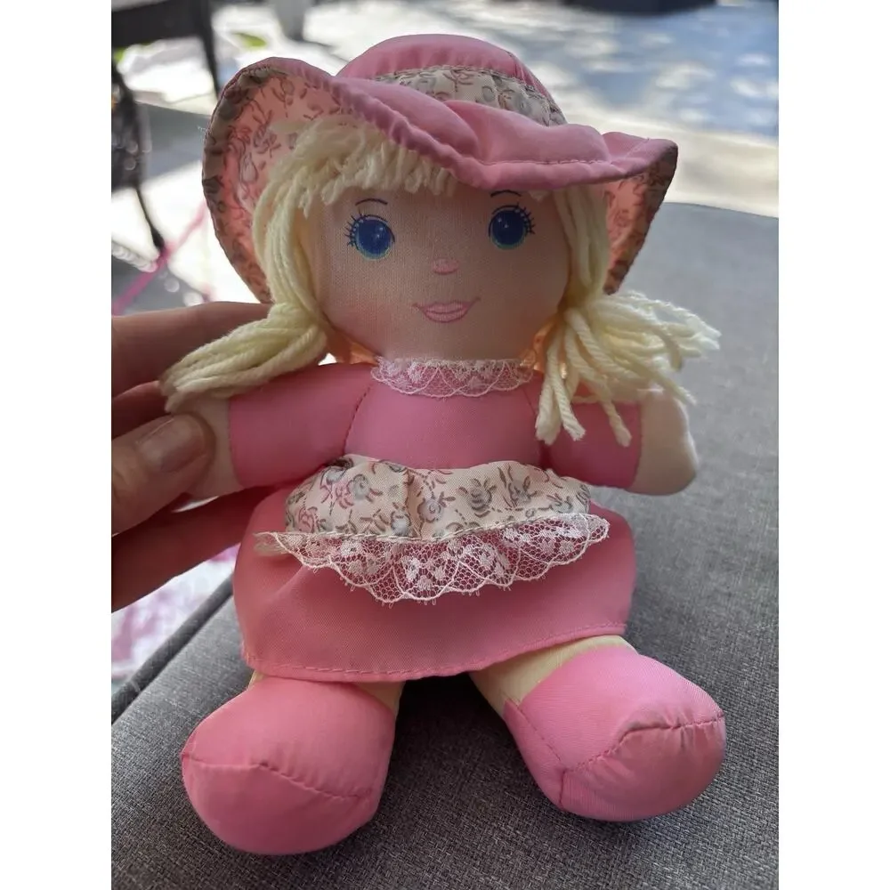 Vintage Sweetie Mine 90's Plush Rag Doll Pink Dress Apron Braided Hair 8